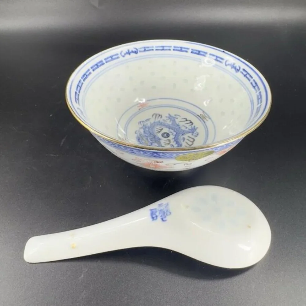 Vintage Chinese‎ Porcelain Rice Grain Bowl And Spoon Decorated Bowl With Sticker